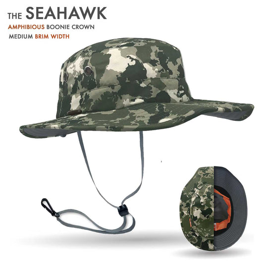 Camouflage boonie hat with medium brim width on a white background