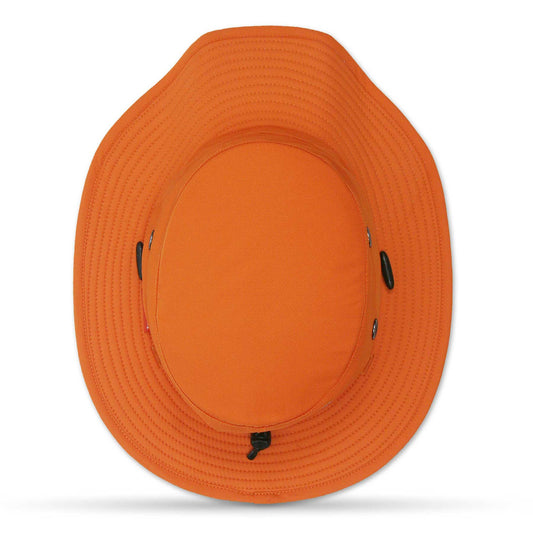 Orange sun hat with black straps on a white background