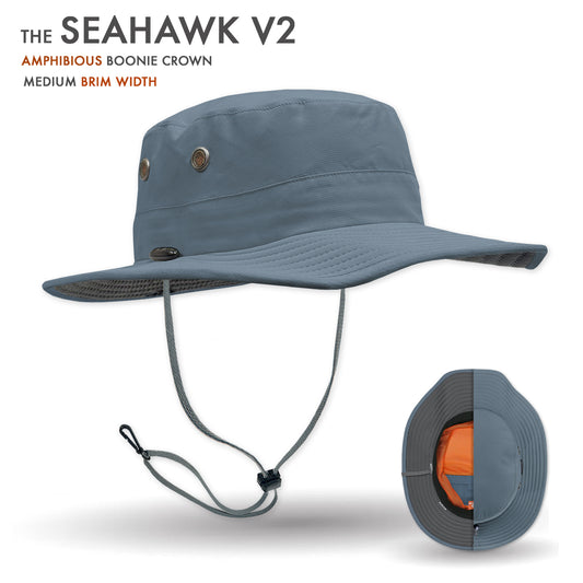Blue boonie hat with brim and chin strap on a white background, labeled 'Seahawk V2'.