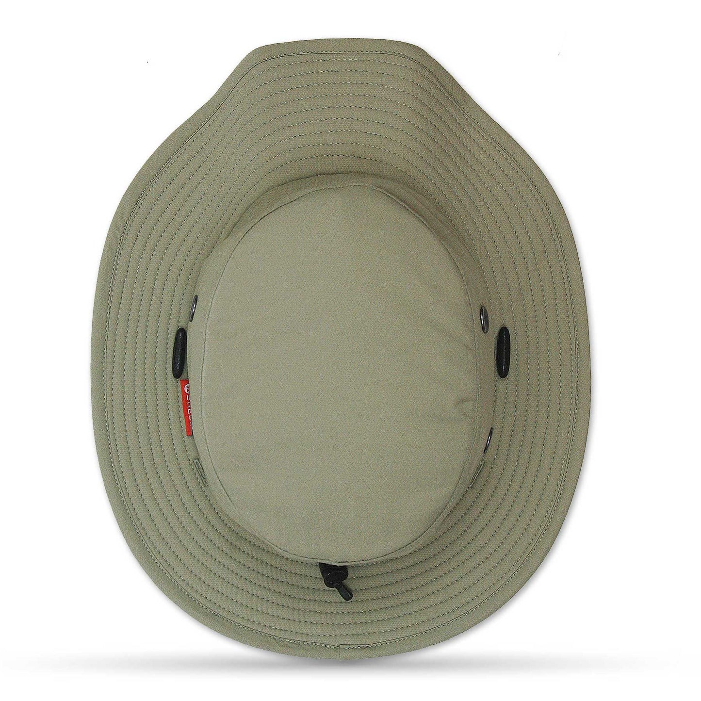 Beige bucket hat with a brand logo on a white background