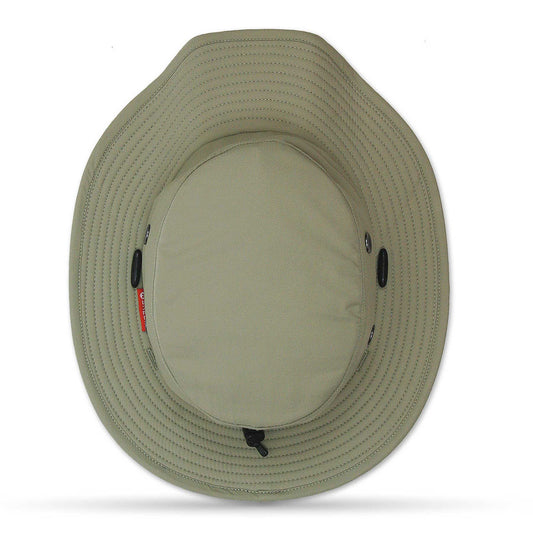 Beige bucket hat with a brand logo on a white background