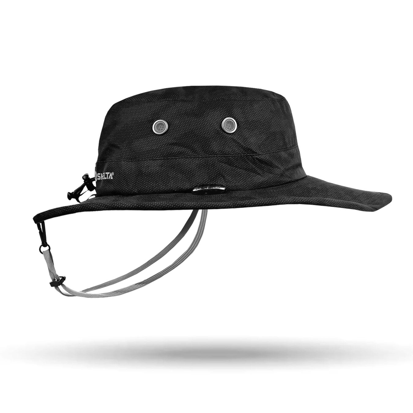 Black bucket hat with chin strap on a white background