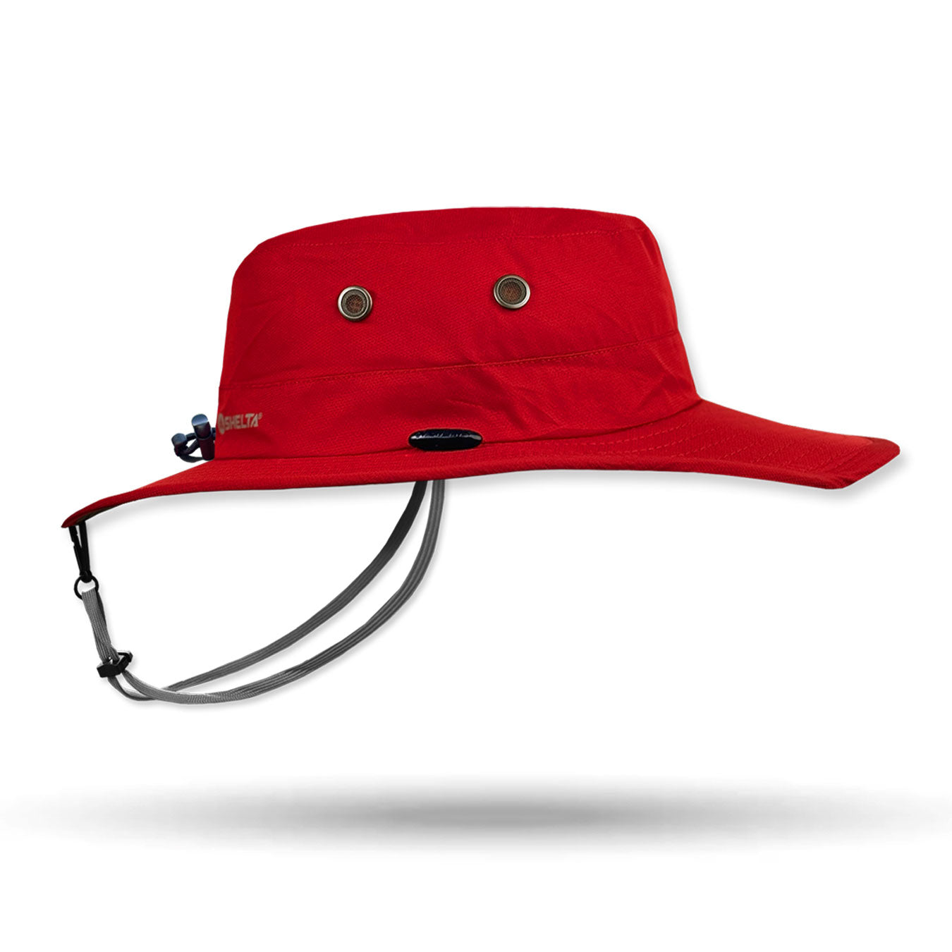 Red bucket hat with chin strap on a white background