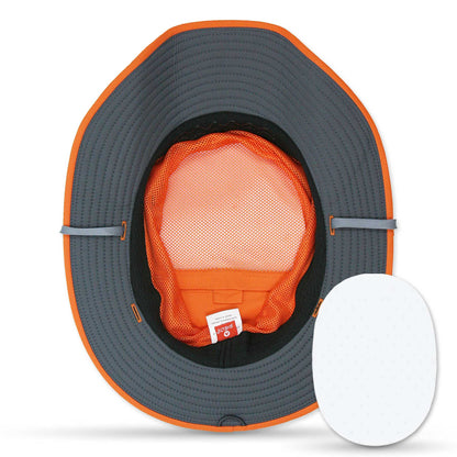 Orange and gray sun hat with mesh back on a white background