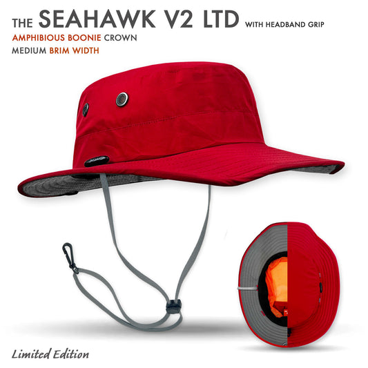 Red hat with headband grip labeled 'Seahawk V2 LTD' on a white background