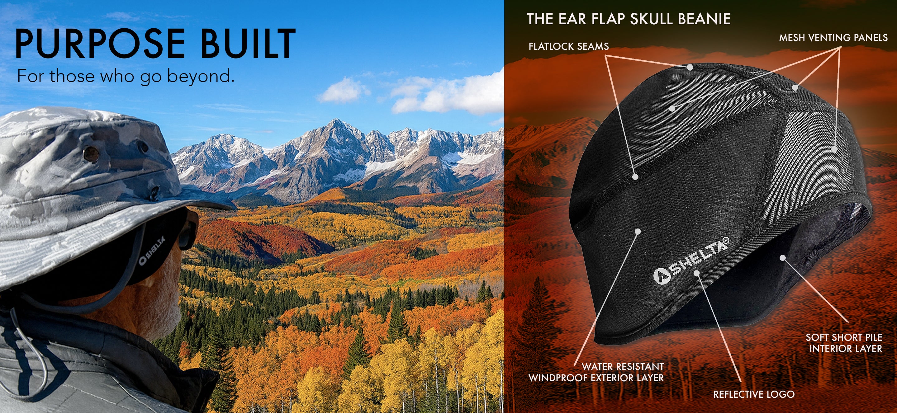 Picture of man wearing Shelta hat with skully beanie underneath for warmth. 