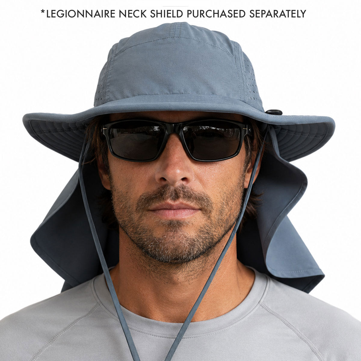A man wearing a light blue-gray legionnaire neck shield hat and sunglasses, with text at the top reading '*LEGIONNAIRE NECK SHIELD PURCHASED SEPARATELY'.