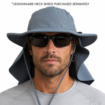 A man wearing a light blue-gray legionnaire neck shield hat and sunglasses, with text at the top reading '*LEGIONNAIRE NECK SHIELD PURCHASED SEPARATELY'.