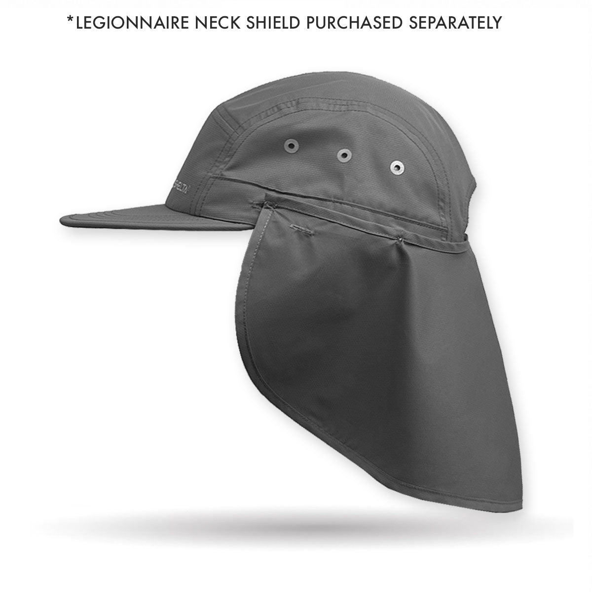 A dark gray military-style combat cap with an attached neck shield, shown from a three-quarters angle on a white background with a text overlay at the top stating '*LEGIONNAIRE NECK SHIELD PURCHASED SEPARATELY'.