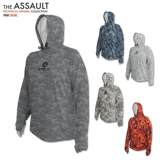 The Assault Hoodie is engineered & built with sun protection, function, and durability in mind. Offering features consistent with Shelta core values and innovation goals. UPF 50+ UV protection, the highest rating given. Blocks 98% of UVA/UVB radiation Loose comfort fit Moisture Wicking Sleeves with thumb hole & finger loop for multiple hand protection options