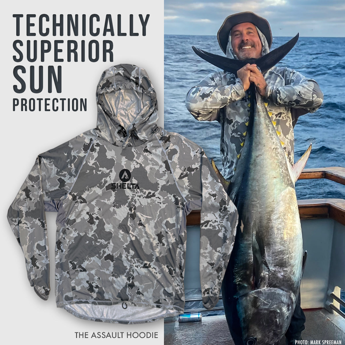 Fisherman wearing sun shirt holding big tuna