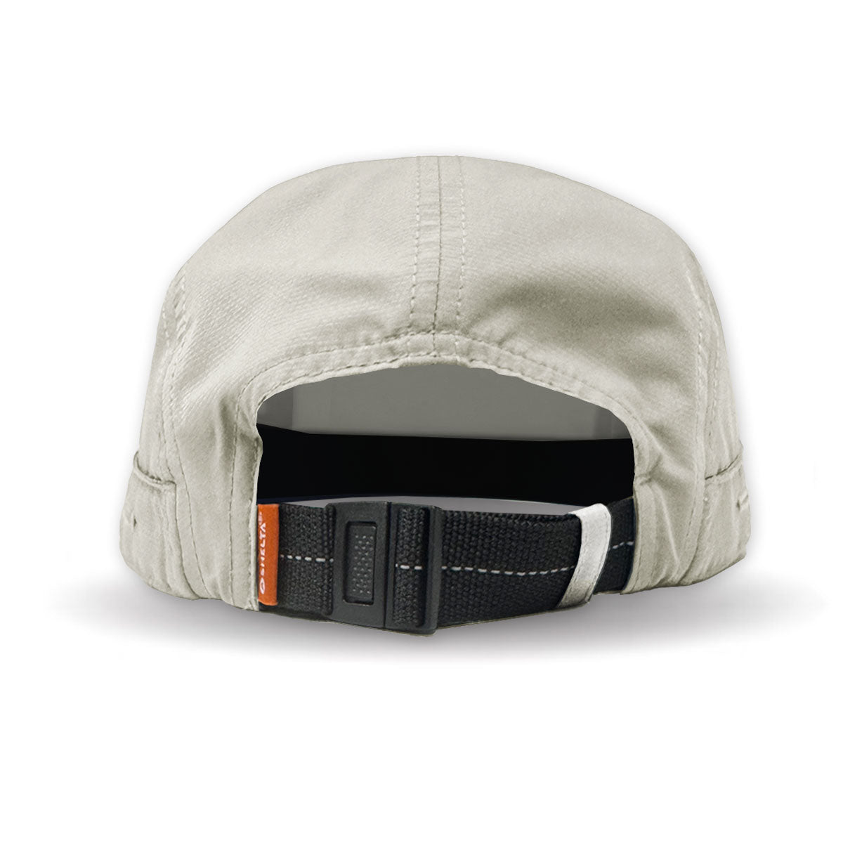 Back view of a light gray cap with a black adjustable strap on a white background