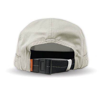Back view of a light gray cap with a black adjustable strap on a white background