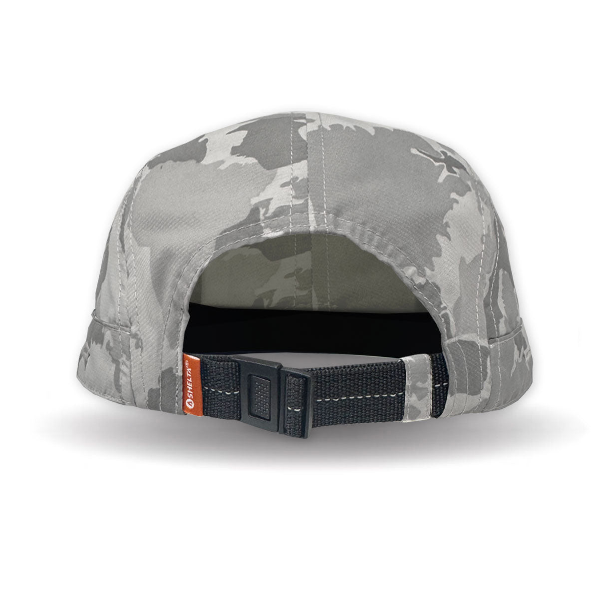 Camouflage-patterned cap with a black strap and orange label on a white background