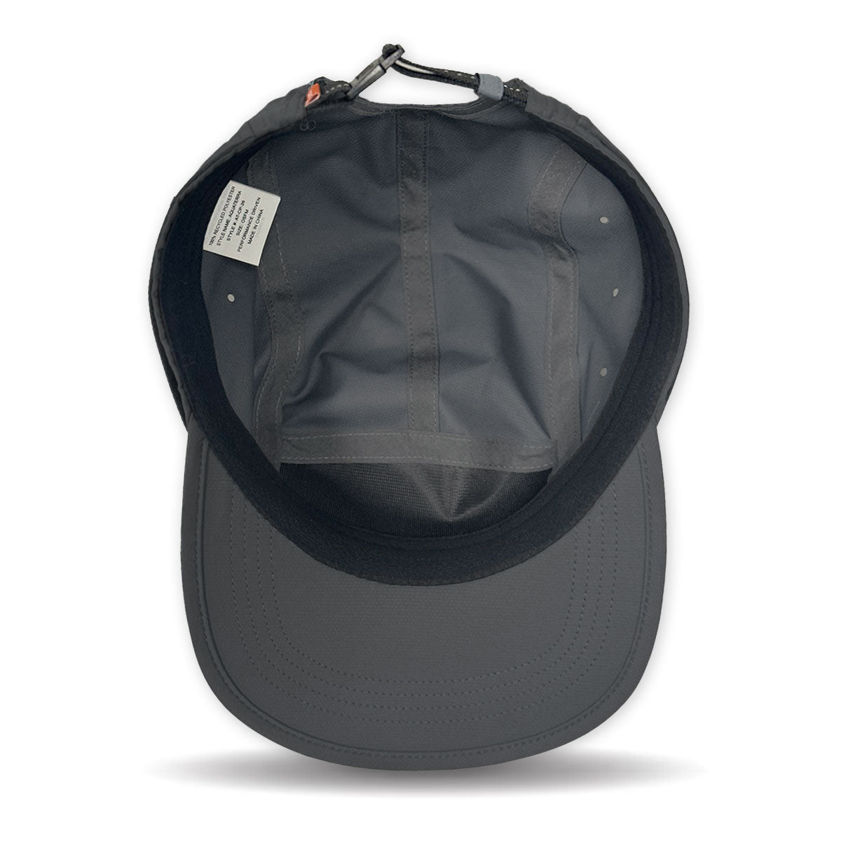 Dark gray cap with a visible brand label on a white background