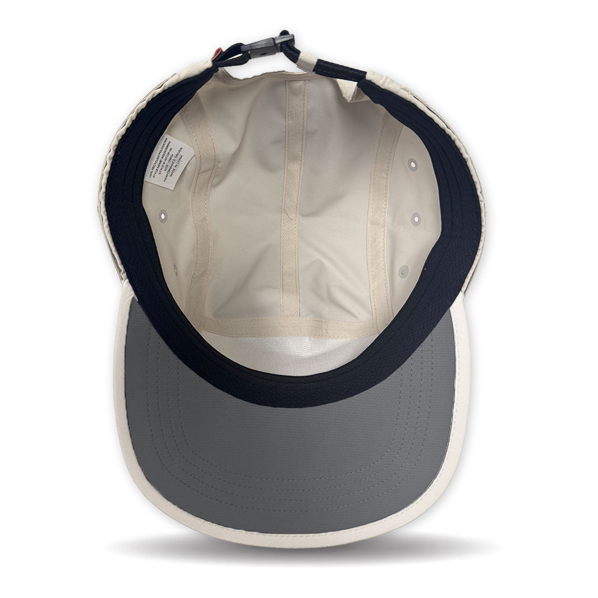Back view of a gray cap with a mesh design on a white background