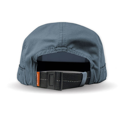 Blue cap with a black strap on a white background