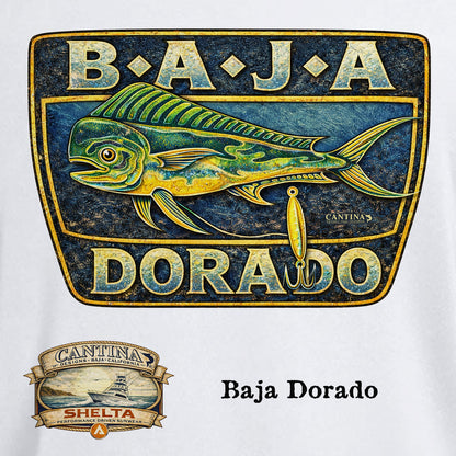 Baja Dorado logo with fish and text on a white background