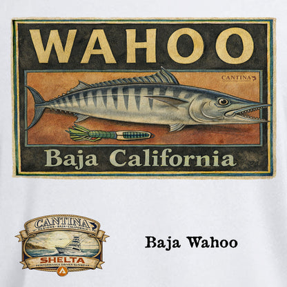 Vintage-style advertisement for Baja Wahoo with a fish illustration on a white background.