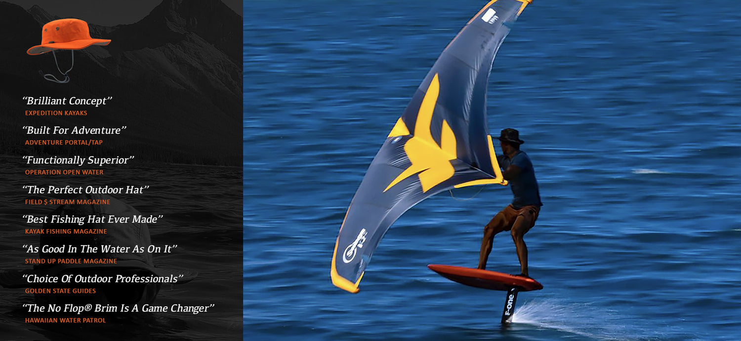 Person windsurfing on a blue ocean with a promotional text list on the left.