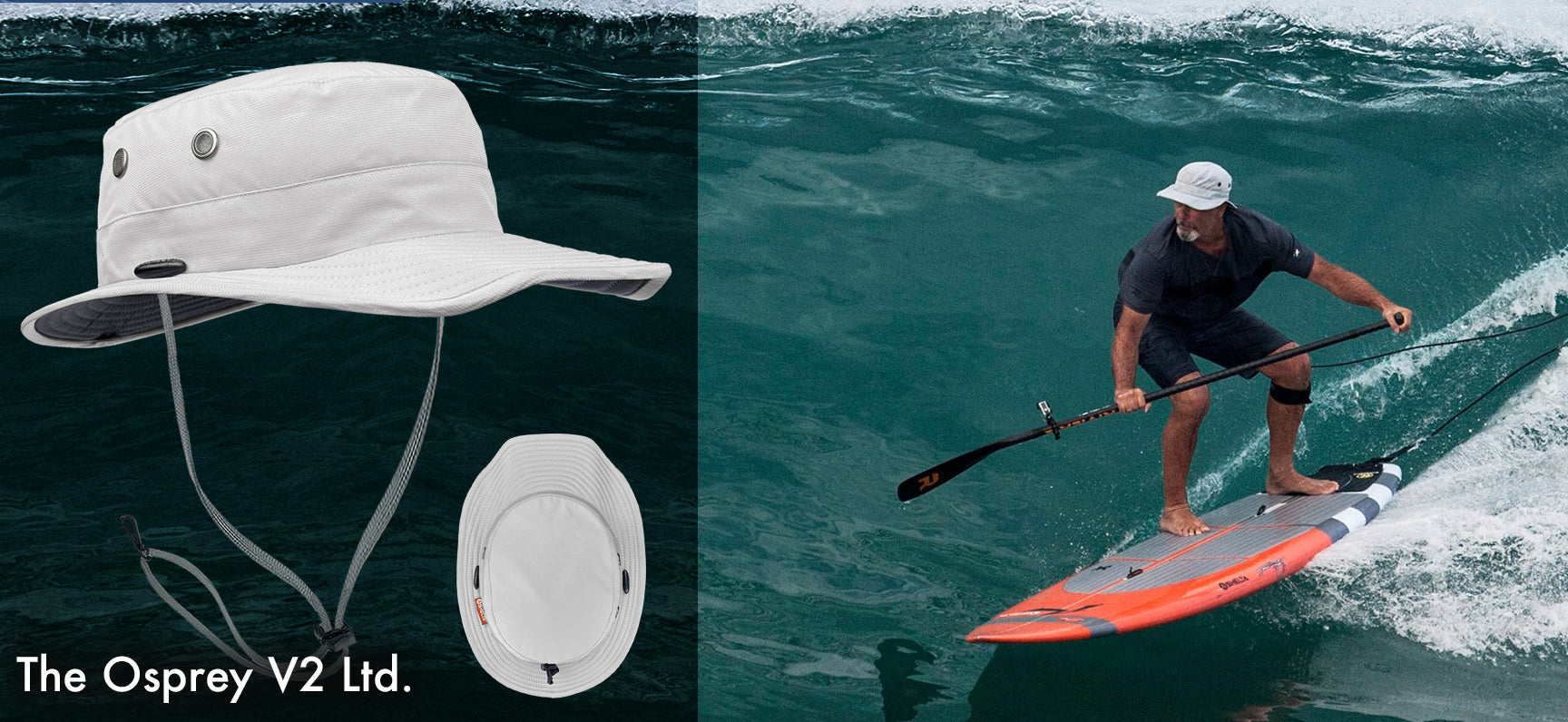 White bucket hat with a brim and strap, displayed on a dark background. Right: Person paddleboarding on a wave.