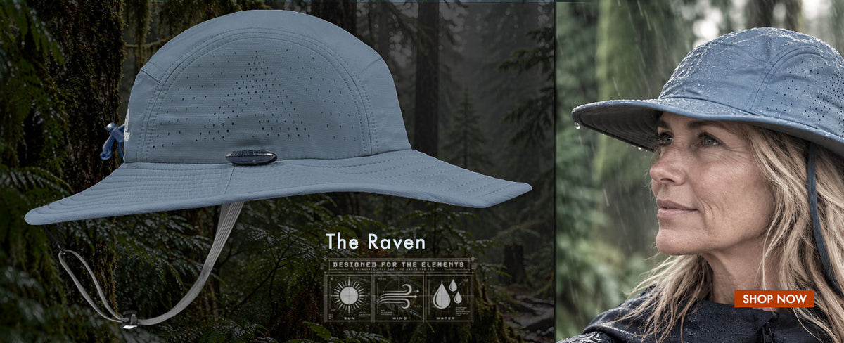 Photo of the Raven hat and a women wearing one in the rain