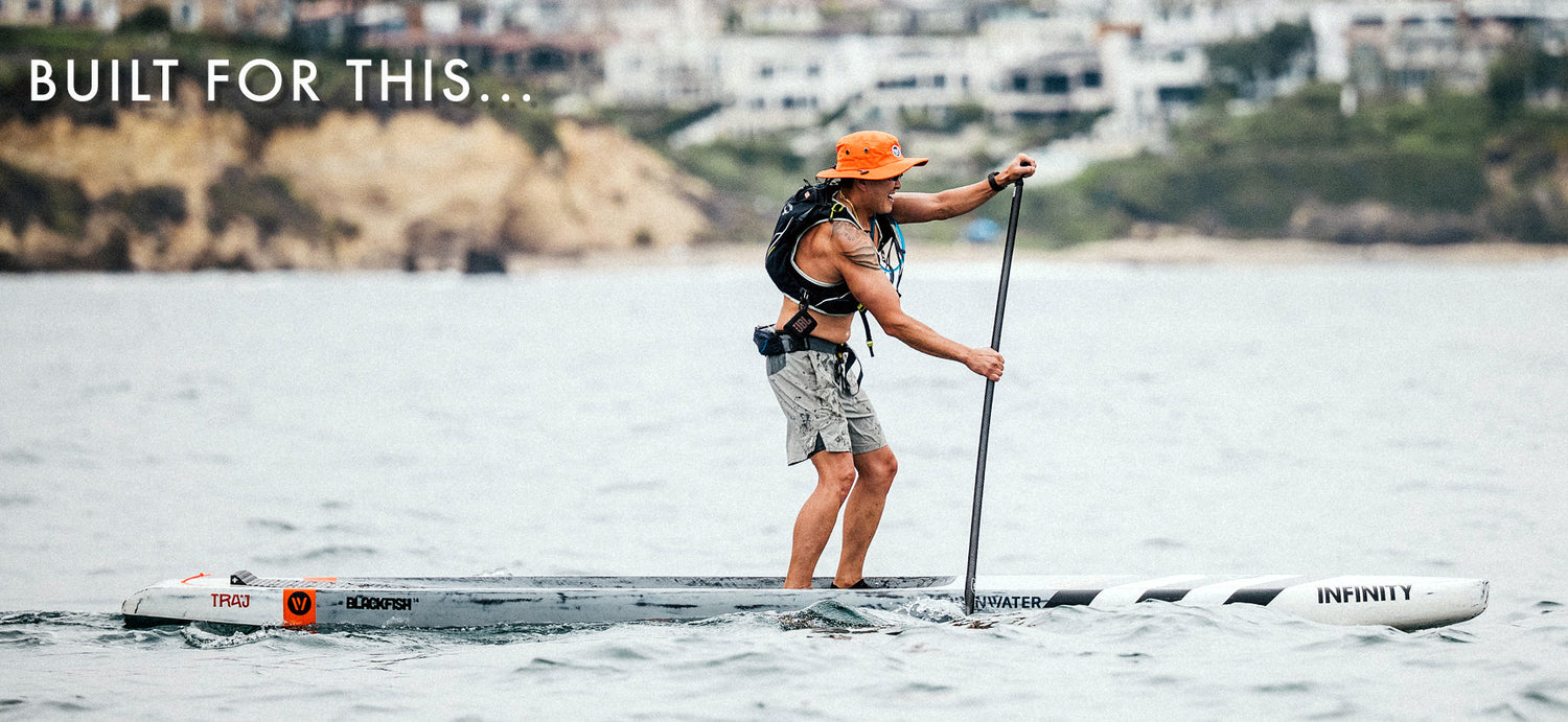 Person paddleboarding on a body of water with text 'BUILT FOR THIS...' in the top left corner.