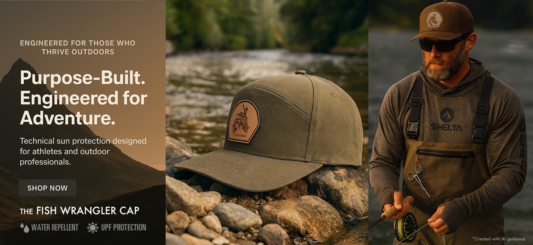 Fisherman wearing a cap with outdoor gear and text about the cap's features.