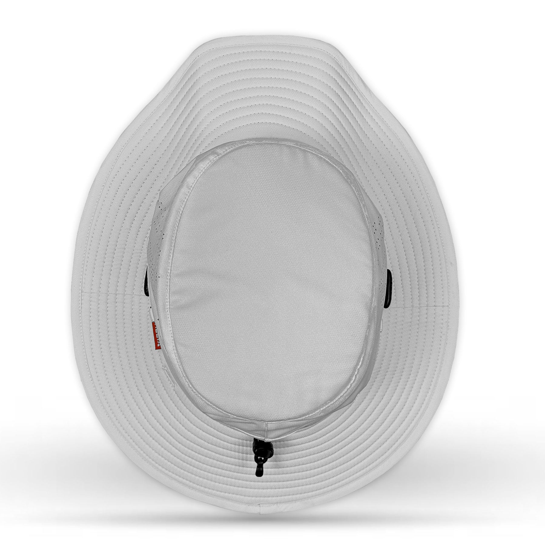 White bucket hat with a brand logo on a white background