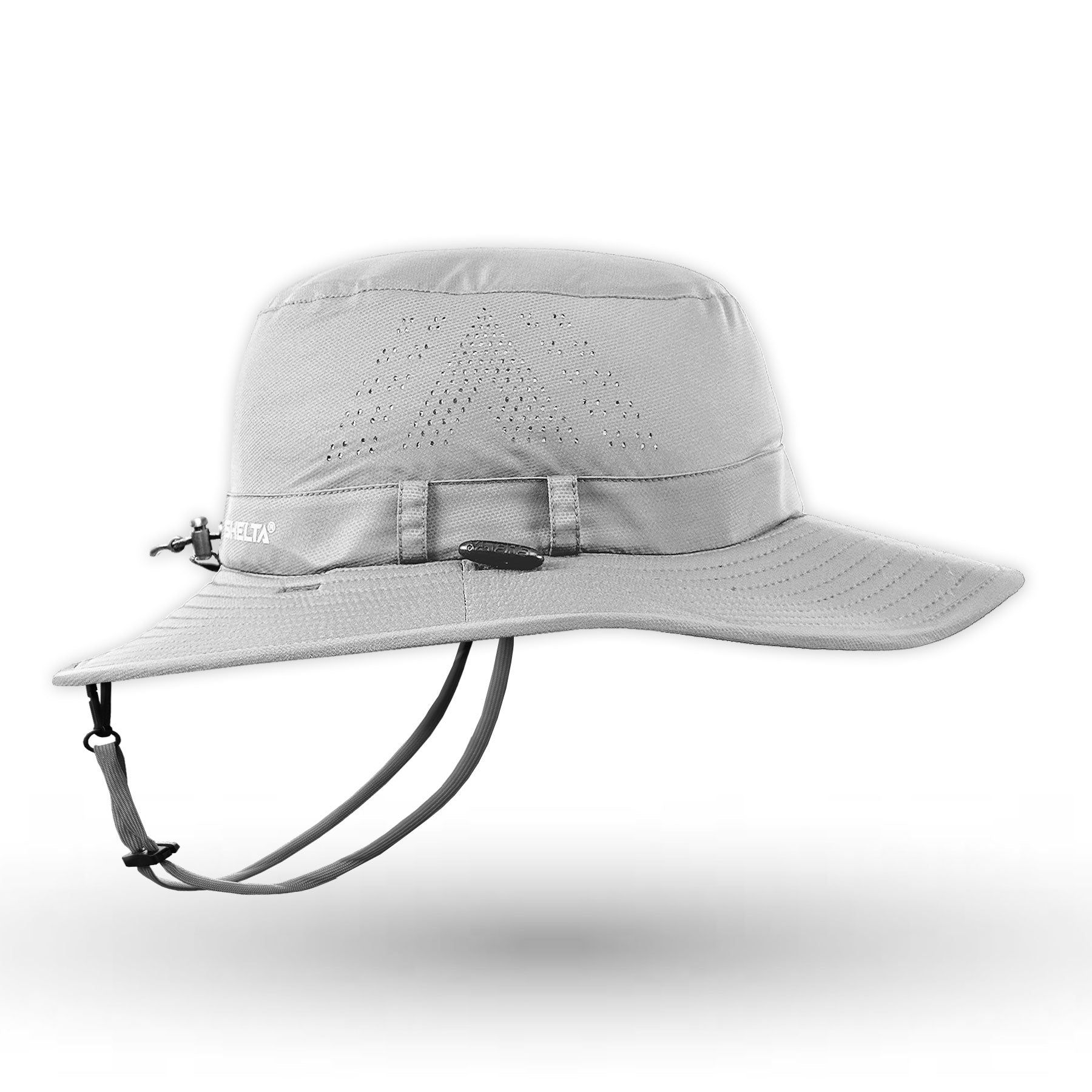 Light gray wide-brimmed hat with a chin strap on a white background