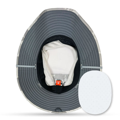 Gray wide-brimmed sun hat with a mesh pocket on a white background