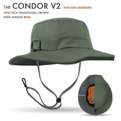 Green hat with a wide brim and grip headband on a white background