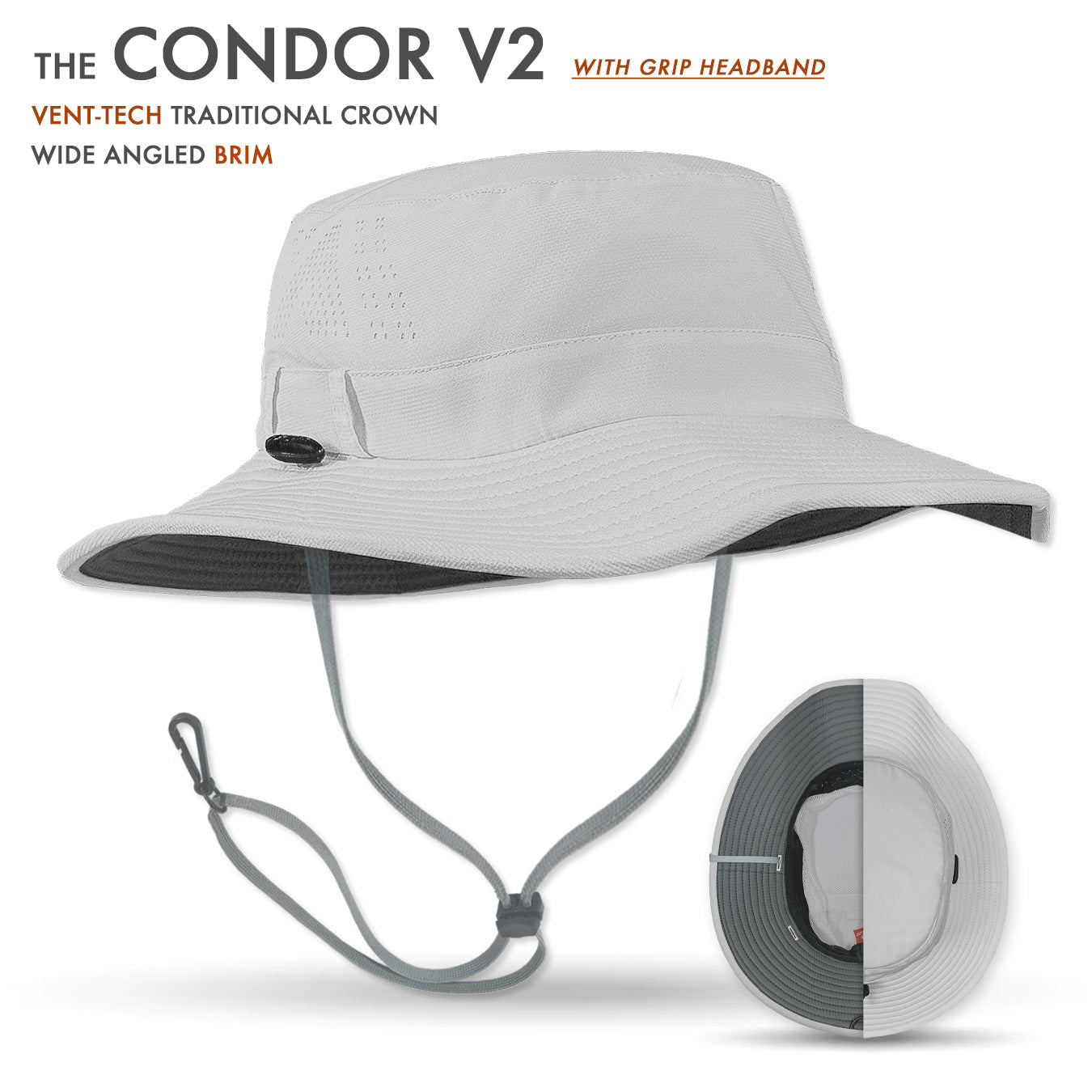 Light Silver sun hat with wide brim and grip headband on a white background, featuring 'The Condor V2' text.