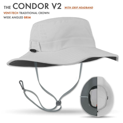 Light Silver sun hat with wide brim and grip headband on a white background, featuring 'The Condor V2' text.