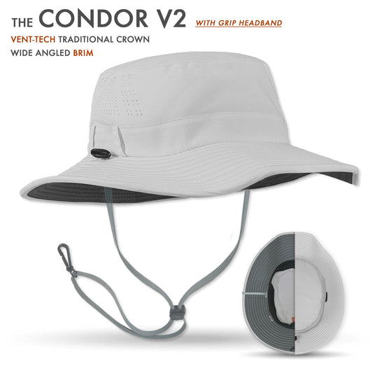 Light Silver sun hat with wide brim and grip headband on a white background, featuring 'The Condor V2' text.
