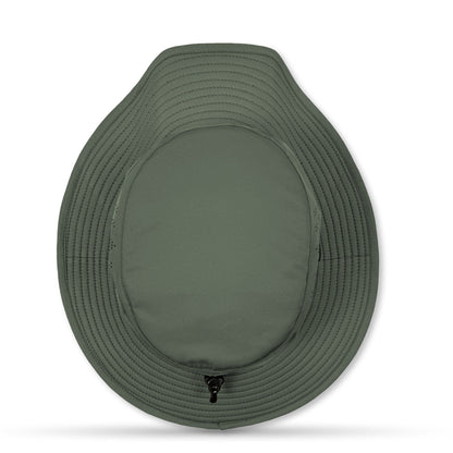 Green bucket hat with a textured brim on a white background