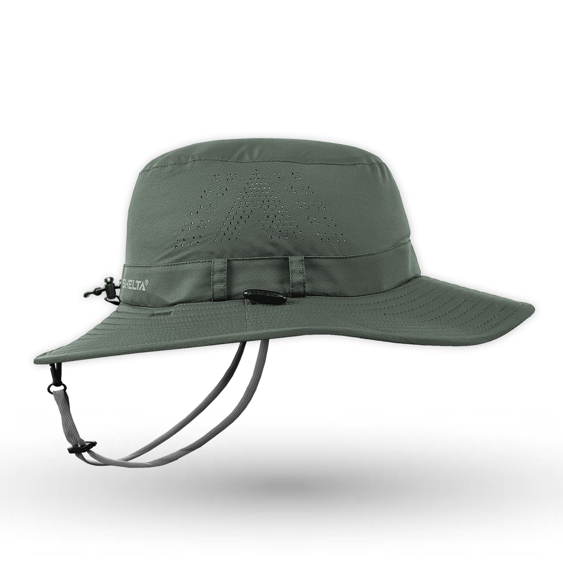 Green hiking hat with a chin strap on a white background