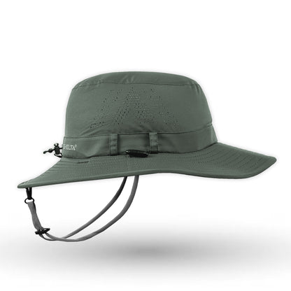 Green hiking hat with a chin strap on a white background