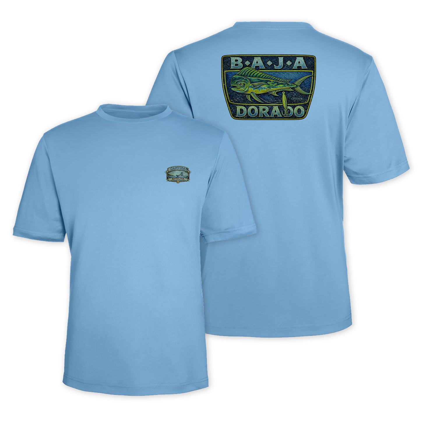 Light blue t-shirt with Baja Dorado logo on front and back