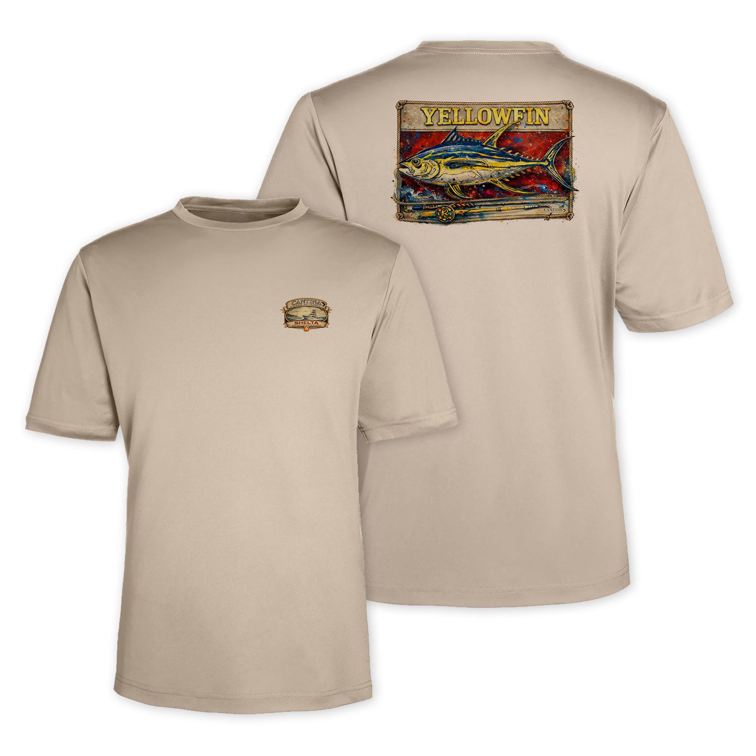 Beige t-shirt with colorful 'Yellowfin' graphic on the back, displayed front and back.