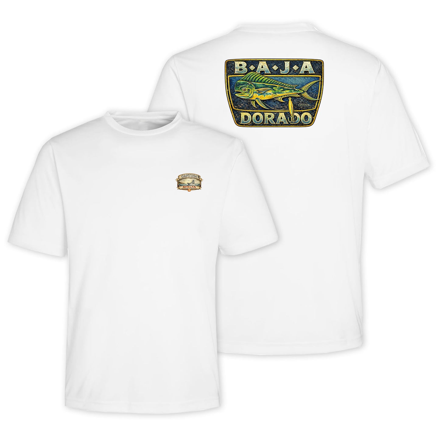 White t-shirt with Baja Dorado logo on a white background