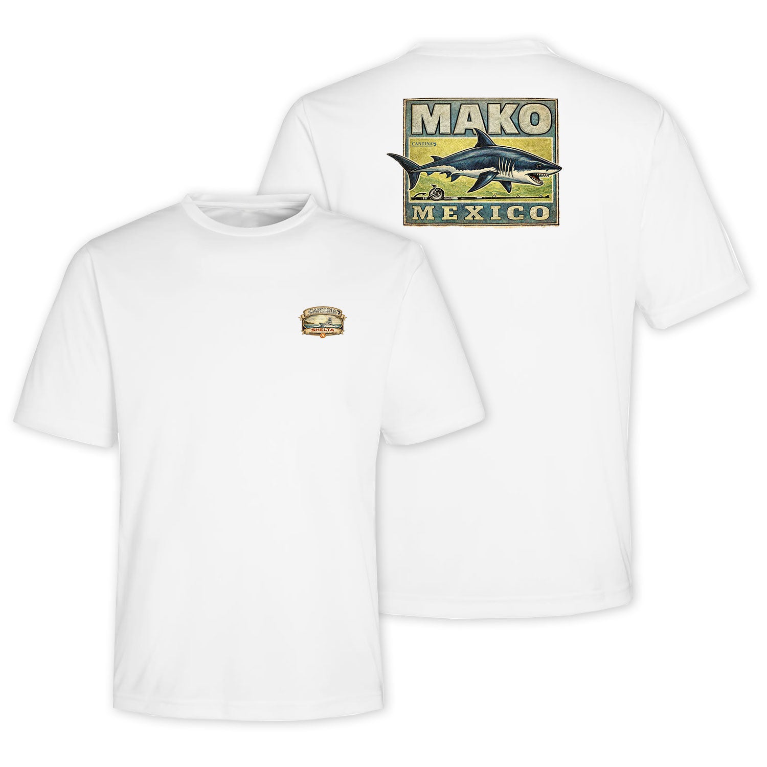 White t-shirt with a shark graphic and 'Mako Mexico' text on a white background