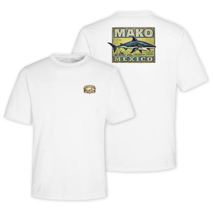 White t-shirt with a shark graphic and 'Mako Mexico' text on a white background