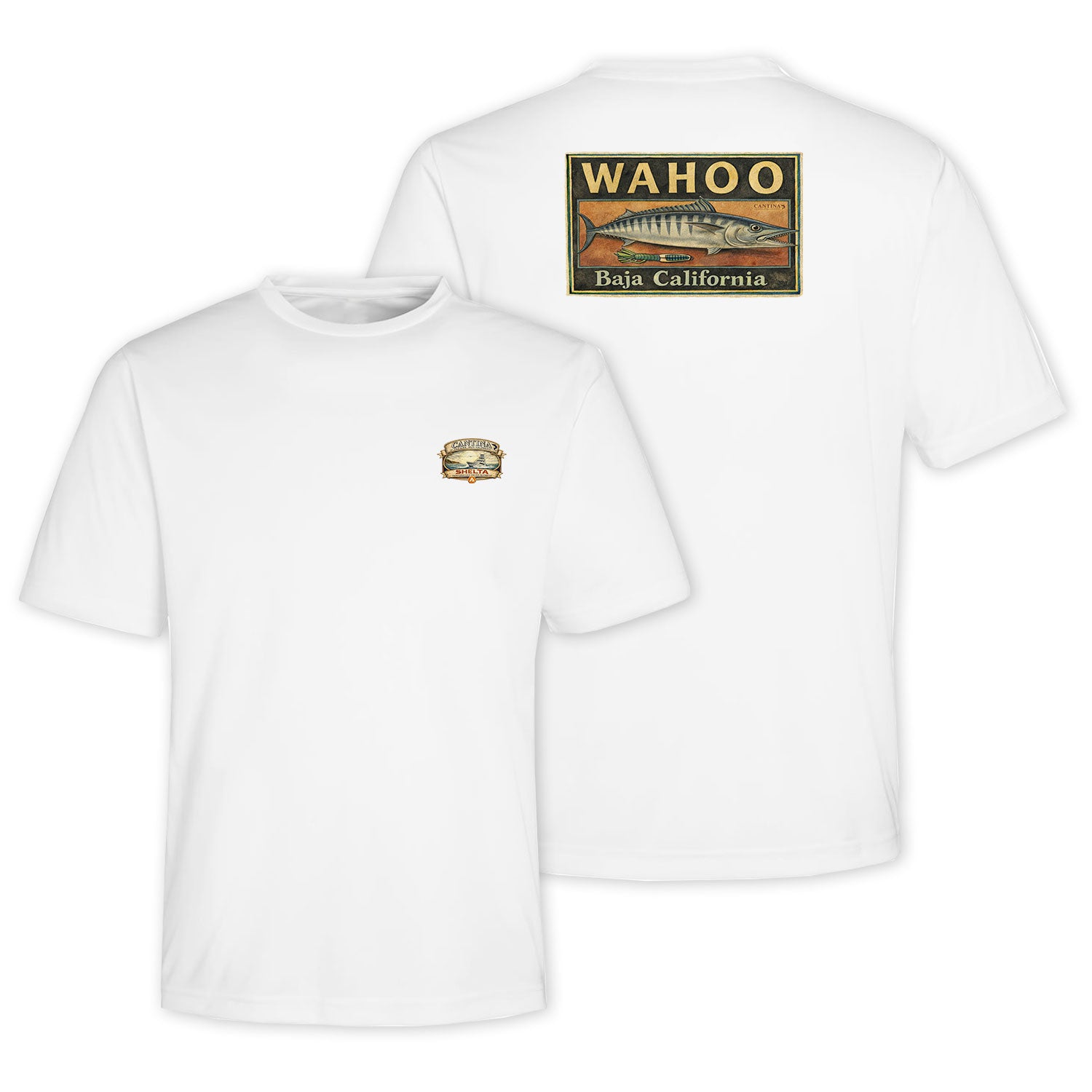 White t-shirt with 'Wahoo Baja California' graphic on a white background