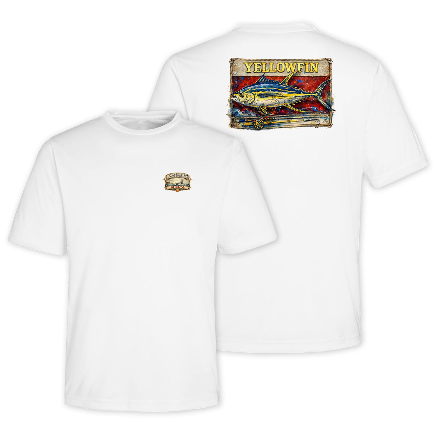 White t-shirt with colorful 'Yellowfin' graphic on the back, on a white background