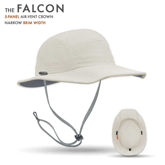 Tan sun hat with chin strap on a white background, featuring 'The Falcon' branding.