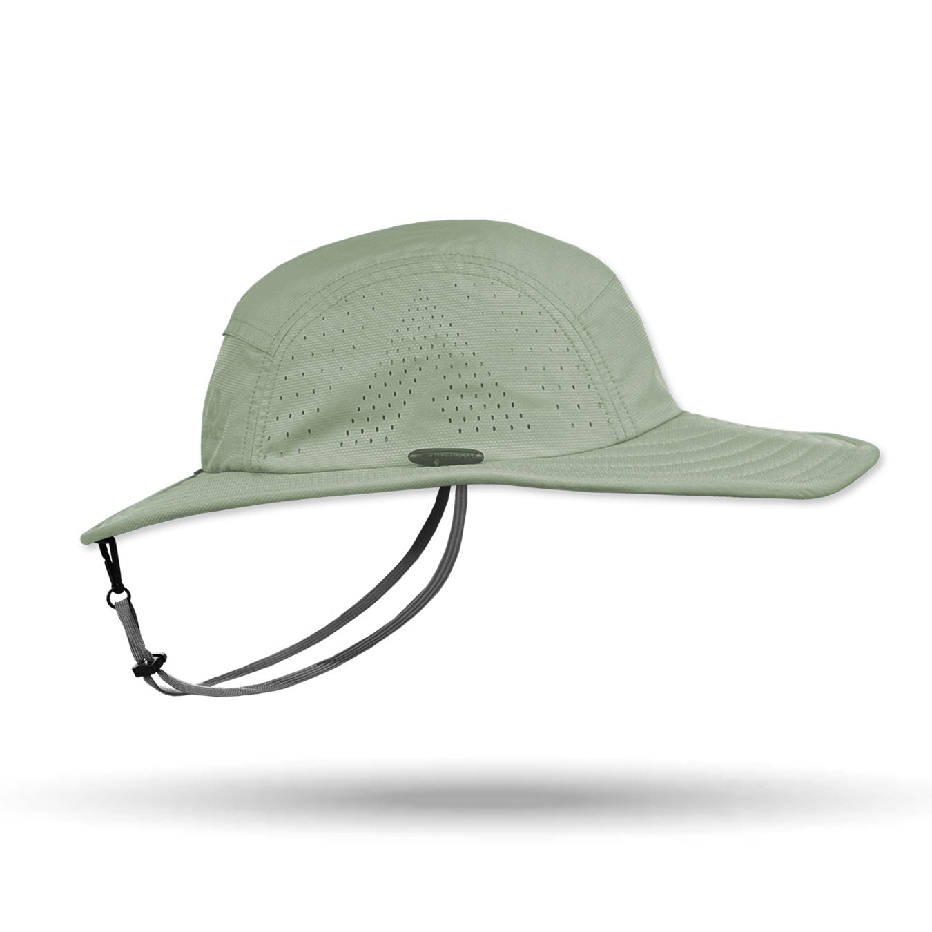Green sun hat with a chin strap on a white background