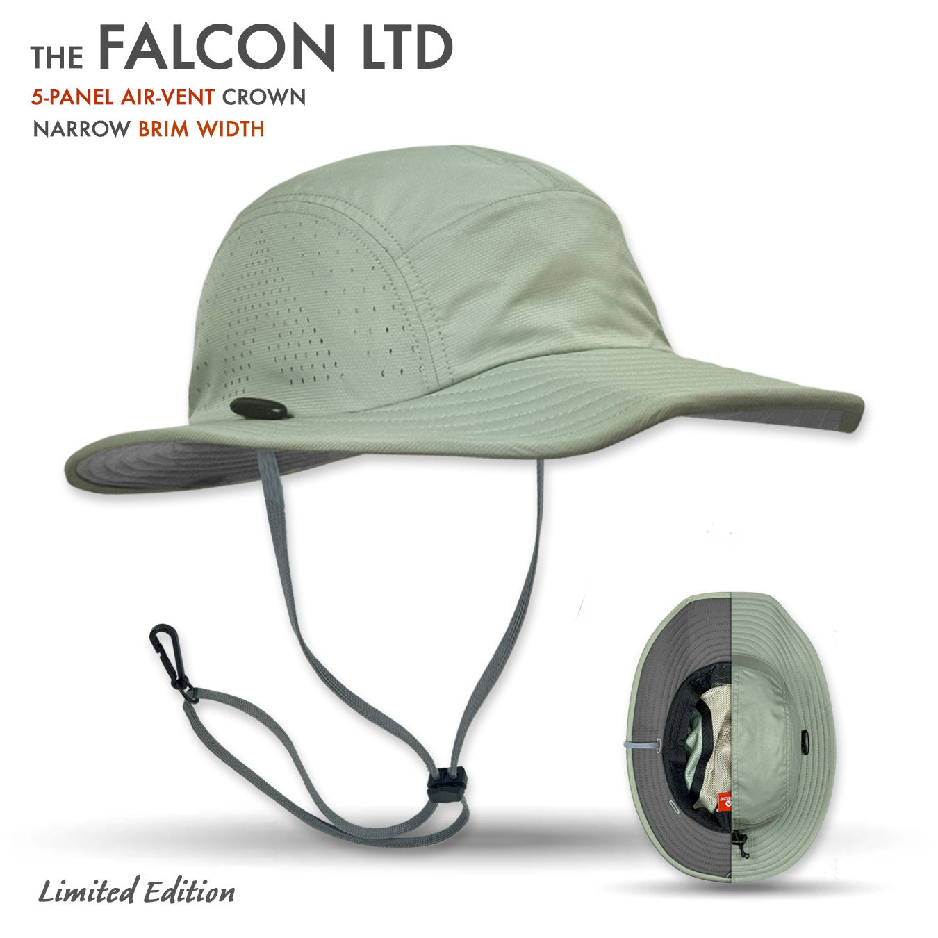 Green hat with air-vent crown and narrow brim width on a white background