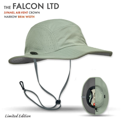 Green hat with air-vent crown and narrow brim width on a white background