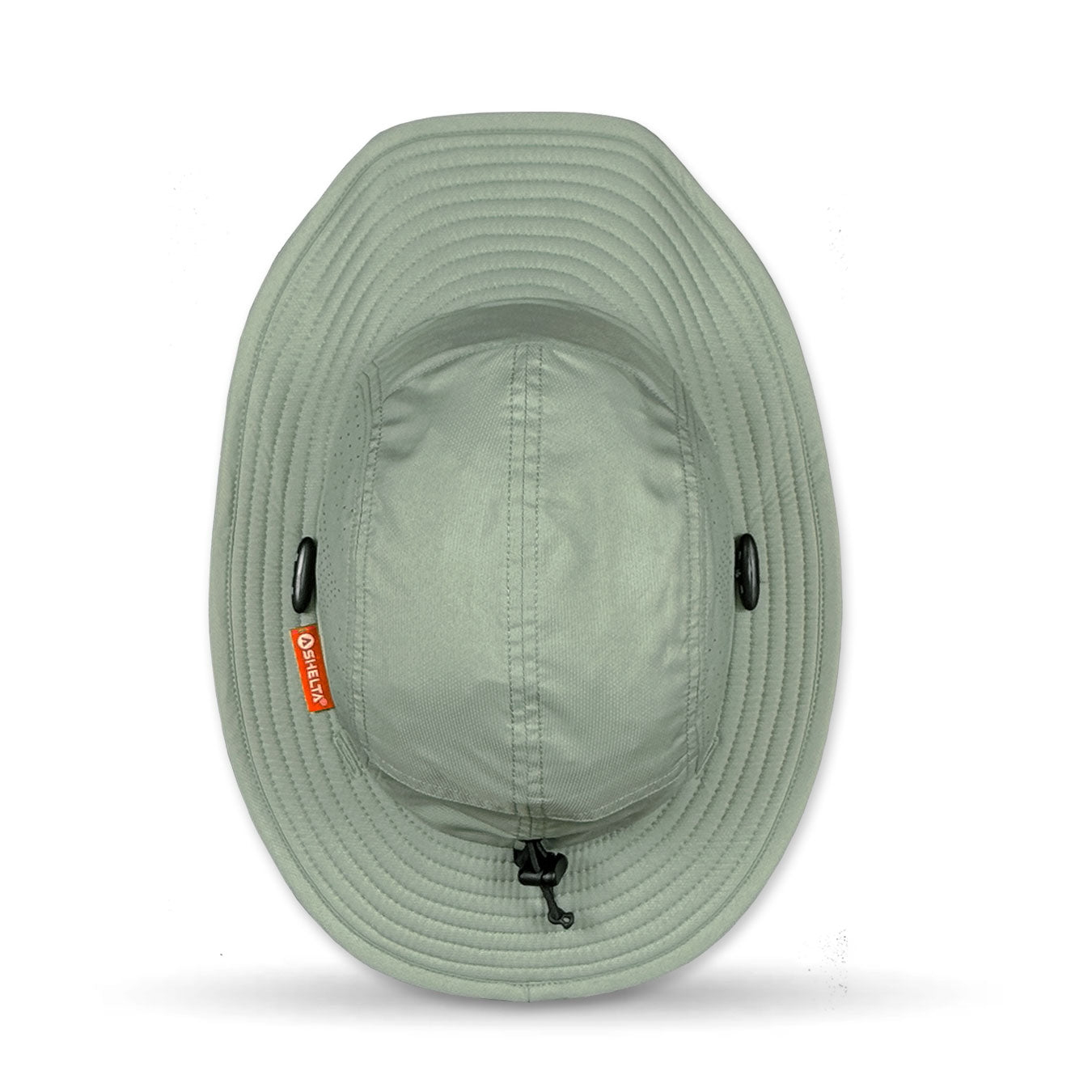 Light green bucket hat with a brand logo on a white background